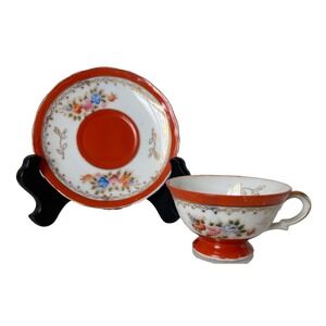 Vintage Berkshire Occupied Japan Fine China Tea Cup Saucer Set Red Floral Gold